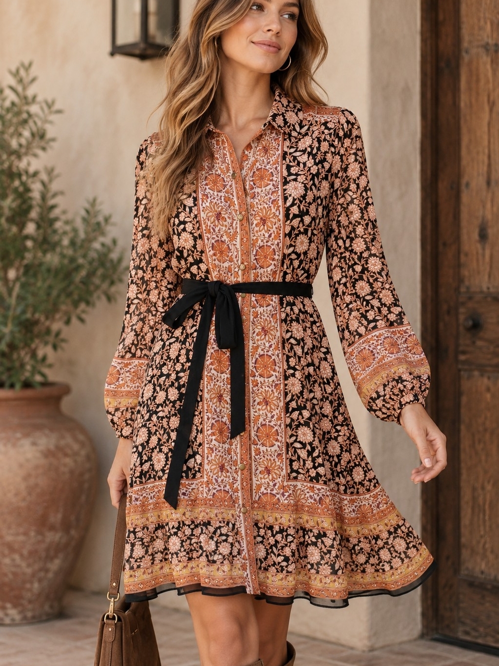 1. State Floral Button-Front Long Sleeve Dress in Brown and Tan